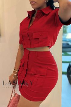 Lasaky - Stylish Short-Sleeve Two-Piece Set in Red with Patchwork Design and Buckle Detailing Classy Short Dresses, 2piece Outfits, Chic Dress Classy, Classy Casual Outfits, Classy Casual, Latest African Fashion Dresses, Turndown Collar, African Fashion Dresses, Casual Sets