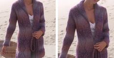 two pictures of a woman wearing a purple cardigan