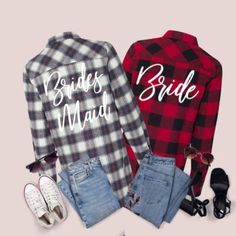 two plaid shirts with bride and maid written on them