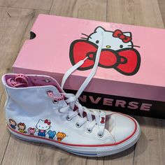 This Unique Pair Of Converse Sneakers Features A Collaboration With The Beloved Hello Kitty Character, Resulting In A Playful And Eye-Catching Design. The Canvas Upper And Standard Shoe Width Provide A Comfortable Fit, While The White Color And Star Theme Add A Stylish Touch. --- Brand New, In Box Worn Only To Try On Size 6 Men/8 Women's Converse One Star White, Leather Chuck Taylors, Painted Converse, Purple Converse, Cute Converse, Star Theme, Converse Shoes Womens, Hi Hello, Purple Canvas