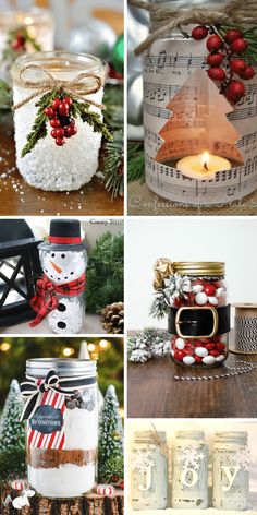 mason jars decorated with christmas decorations, candles and snowmen are featured in this collage