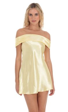 Hoco Dress With Sleeves, Satin Off Shoulder Dress, Yellow Hoco Dress, Yellow Homecoming Dresses, Upf Clothing, Semi Dresses, Hoco Dress, Casual Day Dresses, Straight Dress