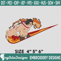 the embroidery design features an image of a man riding a surfboard with flames on it