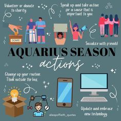 the aquarius season actions poster is shown with people around it and an open box