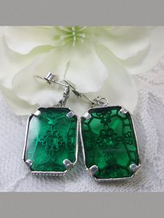 Green Emerald Camphor Glass Earrings, Stained Glass, Art Deco Jewelry, Silver Embrace Jewelry Antique Nickel-free Earrings For Party, Victorian Style Nickel Free Earrings For Party, Nickel-free Vintage Plug Earrings For Gift, Vintage Green Sterling Silver Earrings, Green Vintage Sterling Silver Earrings, Vintage Green Clip-on Drop Earrings, Vintage Sterling Silver Earrings For Parties, Stained Glass Art Deco, Stained Glass Earrings