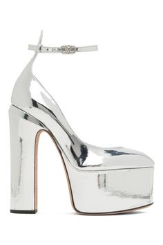 Valentino Garavani: Silver Tan-Go Platform Pumps | SSENSE Metallic Silver Leather Heels With Pointed Toe, Luxury Silver Heels With Buckle Closure, Leather Heels With Silver-tone Hardware And Pointed Toe, Chic Heels With Silver-tone Hardware And Ankle Strap, Chic Ankle Strap Heels With Silver-tone Hardware, Chic Heels With Ankle Strap And Silver-tone Hardware, Modern Metallic Platform Heels, Silver Closed Toe Heels With Sculpted Heel, Modern Silver Heels With Buckle Closure