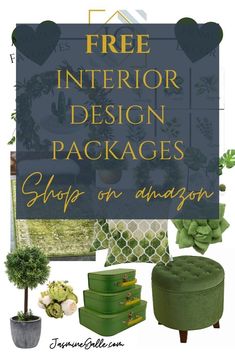 the interior design package is shown with green furniture and accessories, including an ottoman, potted