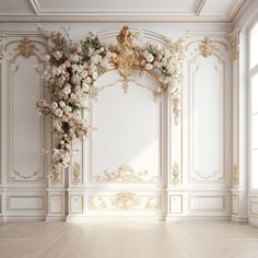 an empty room with flowers on the wall