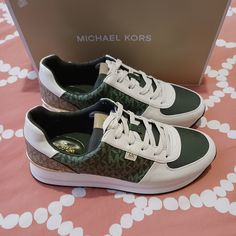 Elevate Your Athleisure Style In The Michael Kors Monique Trainer Sneakers Almond-Toe, Lace-Up Closure, Mk Logo Hardware, Cushioned Insole, Leather Upper, 1-1/2" Heel; 3/4" Platform, And Rubber Sole. Brand New! Color- Amazon Green! Reasonable Offer Accepted! Green Leather Sneakers With Logo Print, Low-top Synthetic Sneakers With Logo Detail, Low-top Synthetic Sneakers With Logo, Synthetic Low-top Sneakers With Logo Detail, Casual Low-top Platform Sneakers With Logo Detail, Sporty Slip-on Sneakers With Logo Print, Sporty Slip-on Sneakers With Logo, Sporty Logo Slip-on Sneakers, Michael Kors White Sole Lace-up Sneakers