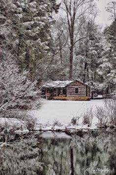 a cabin in the woods is surrounded by trees and water with snow on the ground