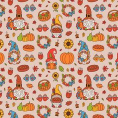 an autumn themed pattern with pumpkins, apples and other fall items on a pink background