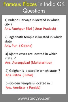 the famous places in india gk questions for class 1 and 2, which are located on