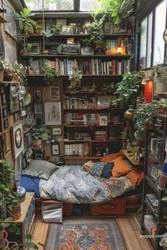 a room filled with lots of plants and bookshelves next to a bed in front of a window