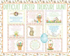 an easter cross stitch pattern with the words difficult easter treasure hunt and pictures of eggs in baskets