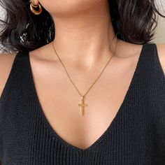 Gold plated hollow cross necklace ❀❀ INFO: ❀❀ ➳ Gold plated over 304 stainless steel ➳ Charm size: 25mm x 13mm ➳ Very lightweight charm ➳ Lobster clasp closure ➳ Cable chain ➳ No extender chain ❀❀ SHIPPING & PROCESSING: ❀❀ Please refer to my shop announcements (located on home page) for the latest processing times as they may change All products are MADE TO ORDER Thank you!♡ Minimalist Cross Necklace Tarnish Resistant, Minimalist Clavicle Chain Crucifix Jewelry, Minimalist Crucifix Clavicle Chain Jewelry, Metal Cross Necklace With Adjustable Chain, Minimalist Cross Pendant Necklace With Clavicle Chain, Metal Cross Necklace With Clavicle Chain, Gold Metal Cross Charm Necklaces, Minimalist Clavicle Cross Chain Jewelry, Minimalist Tarnish Resistant Cross Pendant Jewelry