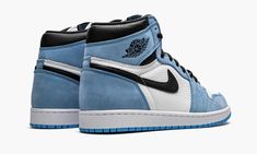 The Air Jordan 1 High “University Blue” is inspired by an original colorway of Michael Jordan’s first signature shoe. An early 2021 release by Jordan Brand, the “University Blue” Jordan 1 comes in the desirable high-top silhouette and recruits a mixture of materials and “UNC” flavored colors for an appealing design. Full-grain white leather appears on the mid-panel and perforated toe. University Blue nubuck leather overlays on the forefoot, eyelets, collar, and heel contrast the crisp white base Jordan 1 High University Blue, Air Logo, Nike X Travis Scott, Blue Jordans, Exclusive Sneakers, Jordan Sneakers, Air Jordan 1 Retro High Og, Nike Dunk High, Air Jordan 1 Retro High