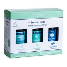 three bottles of aroma breathe clear essential oil gift set in a white box on a white background