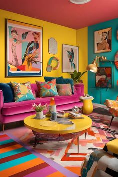 a brightly colored living room with colorful furniture and art on the walls, including paintings