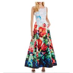 Nicole Miller Floral Gown In Floral Print. .Approx Length From Shoulder To Hemline 59" .Square Neckline, Scoop Back. . Sleeveless. . Voluminous Pleated Skirt. . Fit And Flare Silhouette. . Back Zip Closure. . Polyester. . Imported. Bust 36" Waist 32 " Thank You For Shopping My Closet. White A-line Summer Gown, White Sleeveless Spring Gown, Sleeveless White Gown For Spring, White Sleeveless Gown For Spring, Fitted White Floral Print Gown, Multicolor Floor-length Spring Gown, Spring Floral Print A-line Gown, Multicolor Maxi Length Gown For Spring, Red Sleeveless Gown For Spring