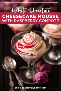 two desserts with raspberry compote and whipped cream in glasses on a table