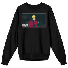 Stay warm and cozy as you celebrate your favorite anime series with this Trigun Stampede sweatshirt. The shirt features a screenshot of Vash the Stampede. The sweatshirt comes in a black long sleeve crew neck. Trigun Stampede fans will love this comfy and cozy sweatshirt. Black Crew Neck Sweatshirt For Cosplay, Cosplay Fleece Long Sleeve Sweatshirt, Cosplay Long Sleeve Fleece Sweatshirt, Cosplay Graphic Print Sweatshirt For Fall, Fall Cosplay Graphic Print Sweatshirt, Anime Style Long Sleeve Tops With Anime Print, Anime Print Long Sleeve Tops, Black Anime Print Crew Neck Sweatshirt, Black Cotton Anime Sweatshirt