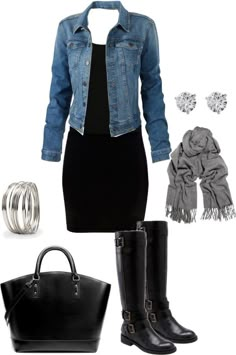 Black dress with jean jacket and accessories combinations Black Dress And Boots, Coffee Nook, Weather Outfits, Trendy Boots, Outfit Jeans, Mode Casual, Sport Chic, Wardrobe Ideas, Fun Fashion