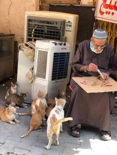 a man sitting in front of an air conditioner surrounded by cats