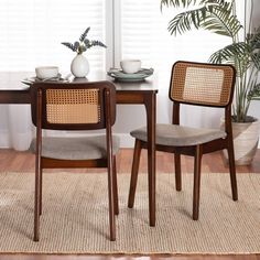 two chairs sitting at a table in front of a potted plant and window with blinds