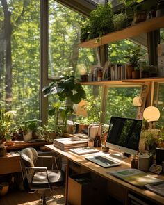 a home office with lots of plants in the window sill and shelves full of books