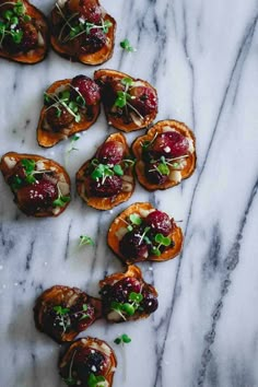 small appetizers with cranberry sauce and green garnish are arranged on a marble surface