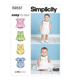 a baby's dress and romper sewing pattern with the words simply easy to sew