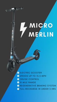 an electric scooter is shown in this ad for the micro merlin brand