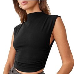 New In Package, Sleeveless Mock Neck Crop Top Side Ruched Fit Basic Crop Top Basic Crop Top, Mock Neck Crop Top, Summer Tops, Mock Neck, Crop Tops, Womens Tops, Women Shopping, Black, Clothes