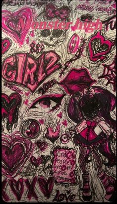 a drawing with pink and black ink on paper that says love is in the air