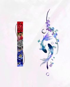 an artistic painting with flowers and fish on it's side, next to a decorative bookmark