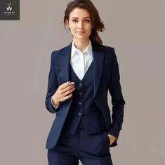 Navy Blue Three Piece Suit for Women | eBay Masculine Women Wedding Attire, Women In Formal Suits, Navy Blue Women Suit, Women Navy Suit, Navy Blue Womens Suit Business, Navy Blue Female Suit, Blue Women’s Suit, Dark Blue Suit Wedding, Blue Suit Women