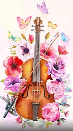 a violin with flowers and butterflies in the background