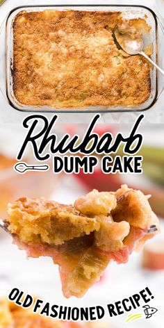 a close up of food on a spoon with the words rhubarb dump cake