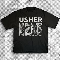 Usher Tshirt | Past Present Future World Tour | Concert Fan Merch This shirt is crafted from 6 oz. of 100% USA-grown cotton, offering a premium and durable build across all our standard colors. For a slight variation, our Heather Grey option blends 90% USA cotton with 10% polyester, ensuring a soft touch with a hint of stretch. Additionally, the Charcoal Grey, Safety Green, and Lime variants present a perfect 50/50 mix of USA cotton and polyester, combining comfort with resilience. Shipping Info Future World, Past Present Future, World Tour, 50 50, Charcoal Grey, Halloween Shopping, Heather Grey, Bathing Beauties, Adult Outfits