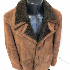 "Excellent vintage condition! Heavy weight split cowhide leather jacket. Acrylic blend lined. Look: Cowboy western Brand: unbranded Size (Men's): 42 Color: dark brown Material: split cowhide Measurements Chest: (Across chest armpit to armpit, doubled): 48\" Overall Length:31\" Sleeves (From outer edge of shoulder to outer cuff of sleeve): 26\" Shoulders (Across top of Shoulders): 20\"" Faux Fur Lined Coat, Fur Lined Coat, 70s Men, Mountain Jacket, Luxury Winter, Western Jacket, Mountain Man, Cowboy Western, Ties Mens