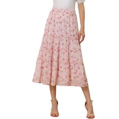 It is a perfect piece to be paired with a crop top or basic tee and sneakers for a stunning day look or styled with sandals to go out! A versatile floral skirt for daily casual style, or an eye-catching piece as a chiffon skirt. This long chiffon skirt creates an effortlessly elegant silhouette with its cinched waist and a tiered hem. This A-line skirt features a dainty floral print, ruched ruffles, and a tiered design in a perfect ankle length. Cut from chiffon fabric and soft lining with a flo Boho Midi Skirt, Long Chiffon Skirt, Long Floral Skirt, Ruffle Maxi Skirt, Long Skirts, Lined Skirt, Black Midi Skirt, Midi Skirts, Chiffon Skirt