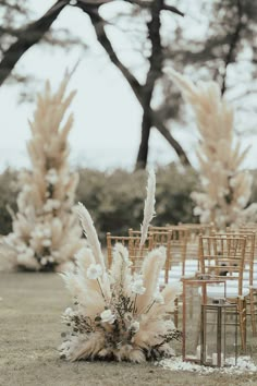 Pampas grass wedding flowers line the aisle of outdoor wedding in Phuket Boho Wedding Ceremony, Wedding Isles, Aisle Flowers, Thailand Wedding, Flower Bouquet Diy, Diy Wedding Bouquet, Boho Wedding Decorations, Neutral Wedding