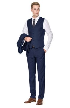 Bring understated elegance to the table in this three-piece suit crafted from rich fabric in a classic single-breasted silhouette. Jacket has notched lapels; chest welt pocket; front flap pockets Vest has front button closure; V-neck Pants have zip fly with button closure; front slant pockets; back button-welt pockets Jacket and vest are lined; trousers are lined to the knee 65% polyester, 35% viscose Dry clean Imported Each suit has a 6” drop, meaning that a size 38R jacket is paired with size Professional Slim Fit Workwear Sets, Single Breasted Lapel Collar Business Sets, Business Sets With Single Breasted Lapel Collar, Office Sets With Slim Fit And Notch Lapel, Fitted Single Breasted Three-piece Suit With Notch Lapel, Elegant Three-piece Suit In Suiting Fabric For Office, Professional Single Breasted Suit Sets, Single Breasted Business Casual Suiting Sets, Single Breasted Suiting Fabric Sets For Business Casual