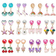 PRICES MAY VARY. ❀GIRLS CLIP ON EARRINGS : Our kids clip on earrings have a variety of interesting styles and vibrant colors, Such as Purple butterfly, Cat, Mermaid, Fruit, Rainbow, Ice-cream, Lollipop, Colour flower earrings clips. These kids jewelry earrings dress up set are wear with a variety of styles. ❀HYPOALLERGENIC EARRINGS CLIP : Our small clip earrings for girls are made of alloy with long durability. These dangle ear drop you can use it with confidence. Toddler clip on earrings with r Mermaid Fruit, Fruit Rainbow, Toddler Earrings, Toddler Dress Up, Comfortable Earrings, Cat Mermaid, Butterfly Cat, Ear Drop, Kawaii Earrings