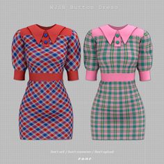 two dresses with collared necklines and plaid patterns, one in pink and the other in green