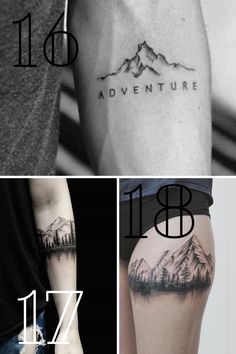 four different tattoos with mountains and trees on them