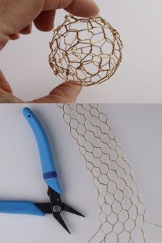 two pictures one shows wire and the other shows crochet scissors, which are being used to make an ornament