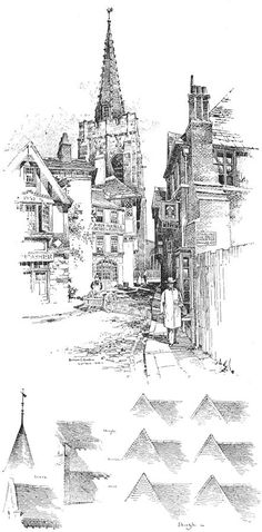 an ink drawing of some buildings with spires in the middle and people walking down the street