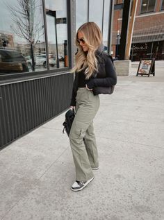 Womens 2023 Fall Outfits, Puffer Vest With Cargo Pants, Women’s Style Fall 2023, Fall Woman Outfits, Work Outfits Women Casual Sneakers, Cargo Pants Styles For Women, Puffer Vest And Cargo Pants Outfit, Womens Cute Winter Outfits, Womens Fall Style 2023