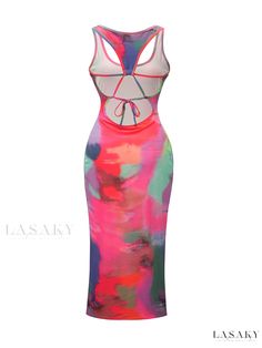 Lasaky - Stylish Tie Dye Tank Maxi Dress for Women - Perfect for Birthday Parties, Club Nights, and Everyday Wear Pink Printed Party Maxi Dress, Pink Printed Maxi Dress For Party, Asymmetrical Collar, Maxi Dress For Women, Tank Maxi Dress, Maxi Tank Dress, Dress For Women, Long Length, Birthday Parties